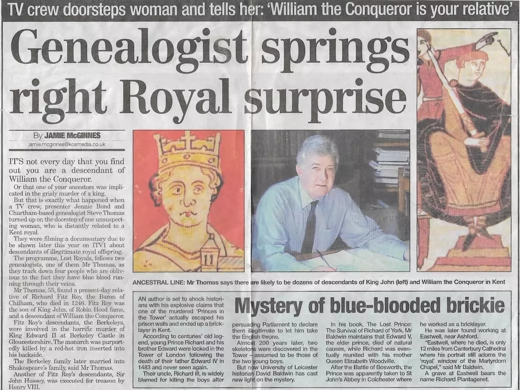 A newspaper clipping with an article about royal ancestry written by Stephen Thomas